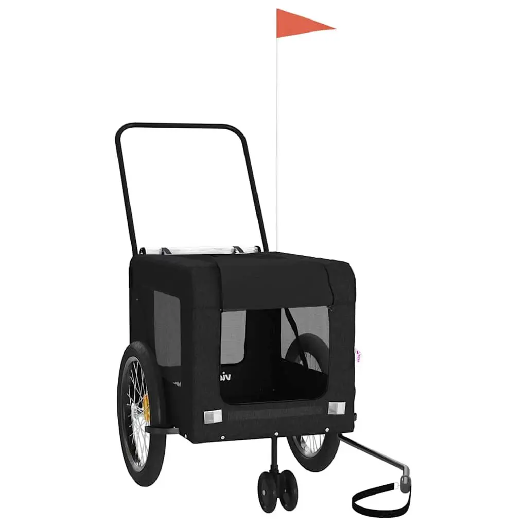 Pet Bike Trailer Oxford Fabric Iron Frame Black Two Wheels One Front Wheel Zippered Doors Mesh Windows