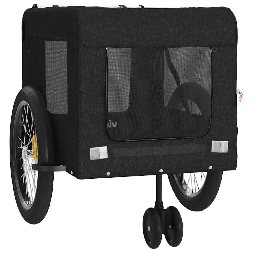 Pet Bike Trailer Oxford Fabric Iron Frame Black Two Wheels One Front Wheel Zippered Doors Mesh Windows
