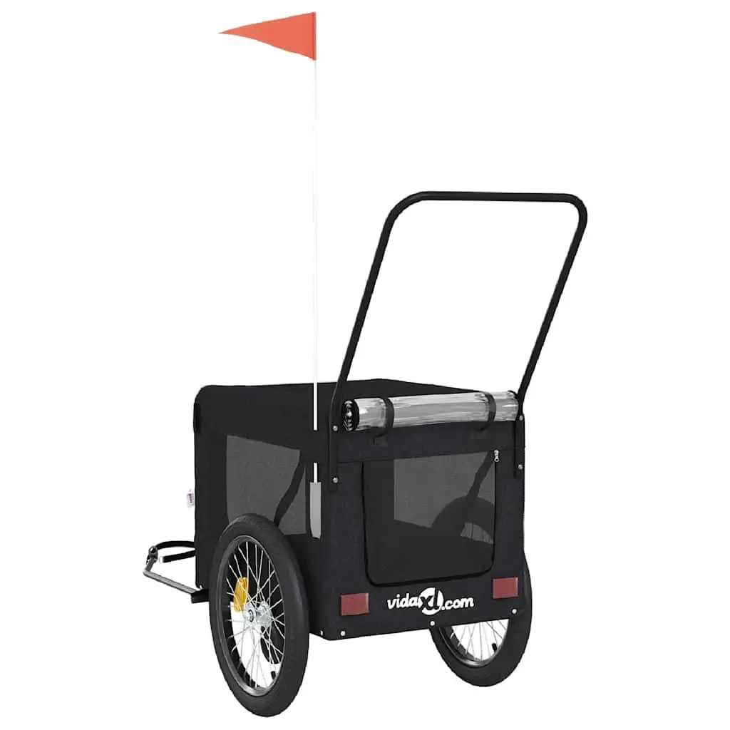 Pet Bike Trailer Oxford Fabric Iron Frame Black Two Wheels One Front Wheel Zippered Doors Mesh Windows