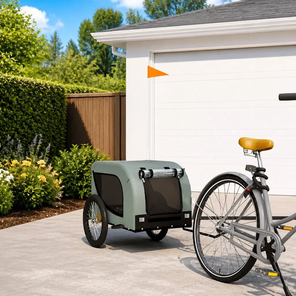 Small Dog Bicycle Attachment Bike Trailer Oxford Fabric Grey Sturdy Iron Frame