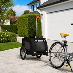 Pet Bike Trailer Black Oxford Fabric Iron Frame Wheels Zippered Doors Mesh
