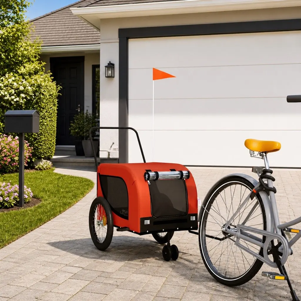 Pet Bike Trailer Iron Frame Oxford Fabric Orange with Zippered Doors and Mesh Windows
