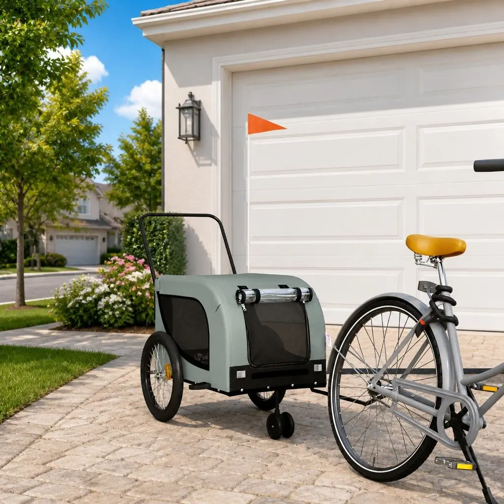 Pet Trailer Cargo Carrier Iron Frame Oxford Fabric Grey and Black Small Dog Stroller