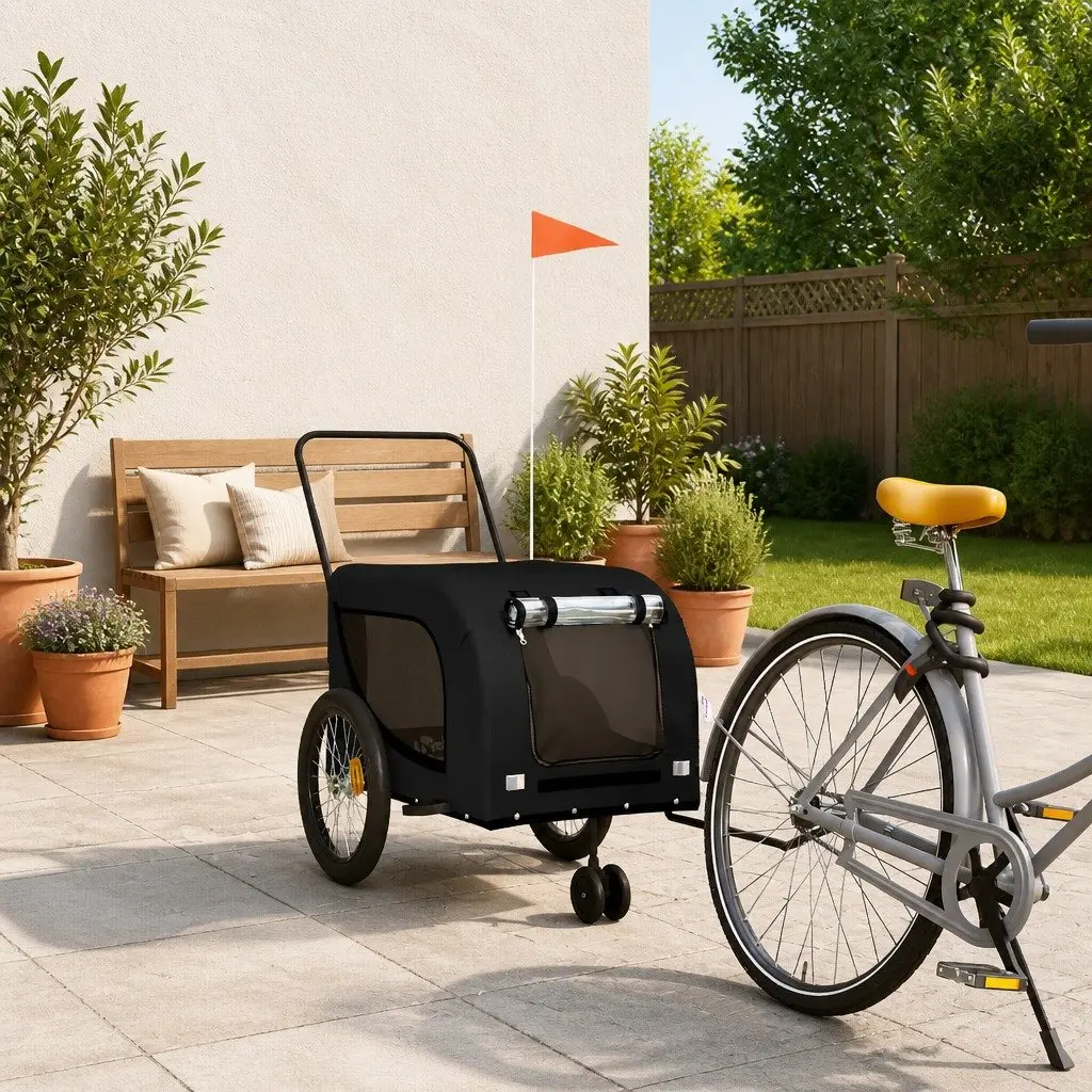 Pet Bike Trailer Iron Frame Oxford Fabric Black for Small Dogs Pets Outdoor Travel