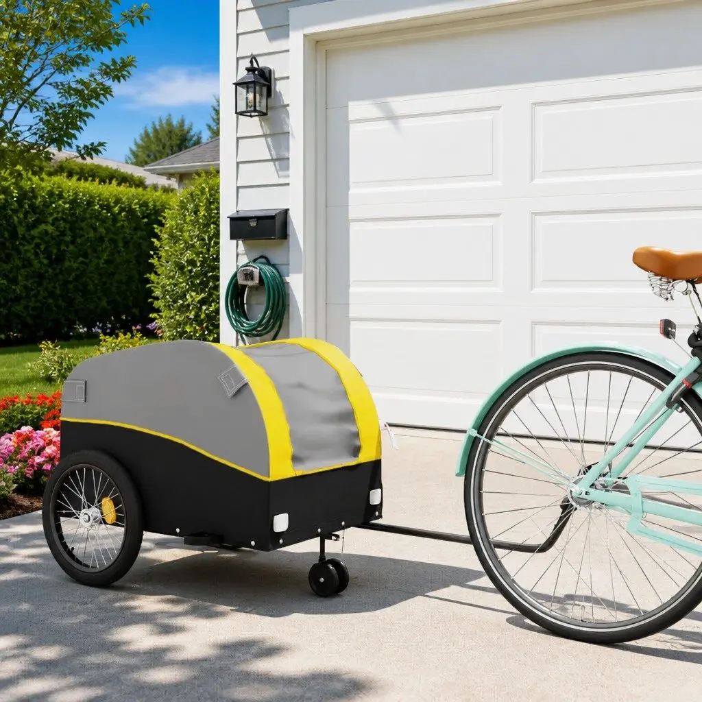 Bike Trailer Iron 45 kg Capacity Yellow Black Tow Bar Safety Flag Cargo