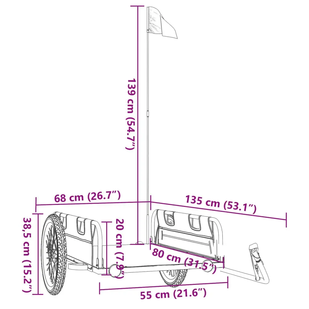 Bicycle Trailer Iron Construction Grey Oxford Fabric Two Wheels Reflectors Flag