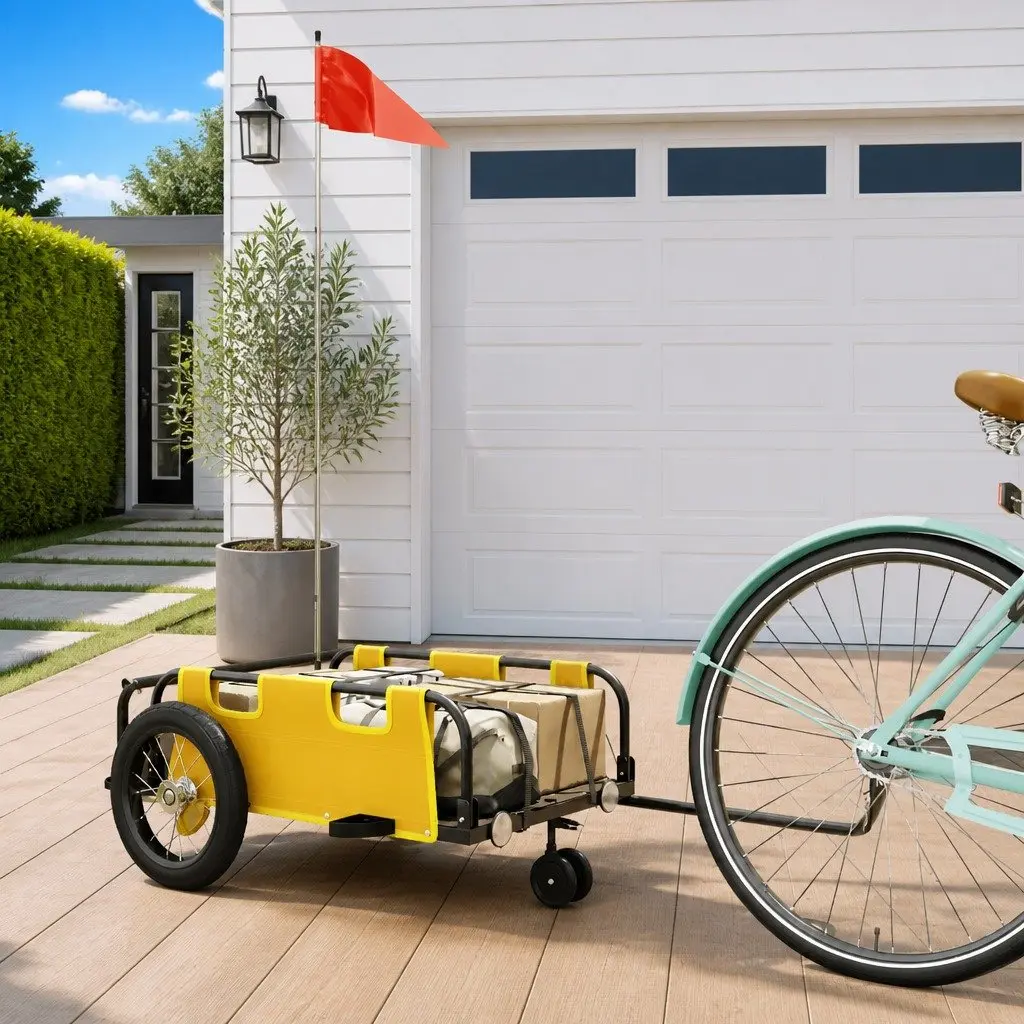 Bike Trailer Oxford Fabric Yellow Iron Frame Bicycle Cargo Transport Cart