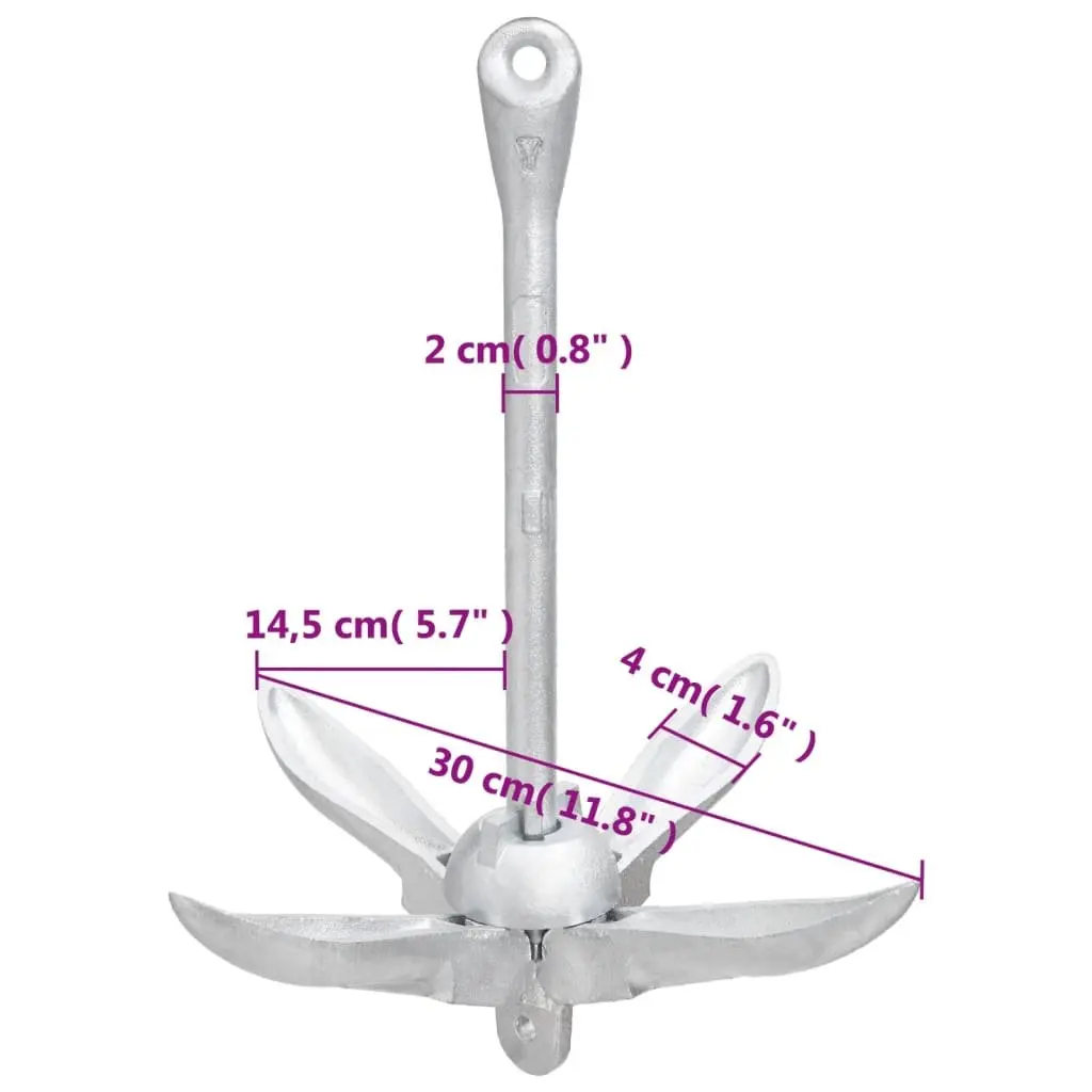 Folding 4-Claw Anchor Silver Malleable Iron 2.5 kg for Kayaks Boats Dinghies