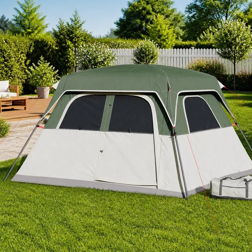 Camping Tent Waterproof Polyester 6-Person Green with Detachable Rainfly and Mosquito Protection