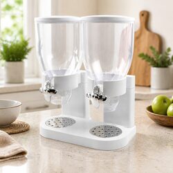 Double Cereal Dispenser Dry Food Storage Portion Control Twist Knob White