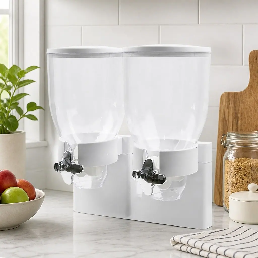 Double Cereal Dispenser Portion Control White ABS 33cm x 42cm