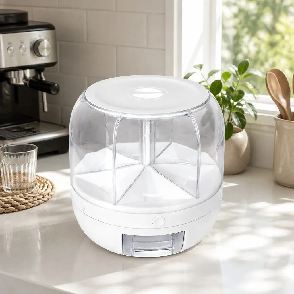 Cereal Dispenser Food Grade Plastic 10kg White Rotating Storage Container