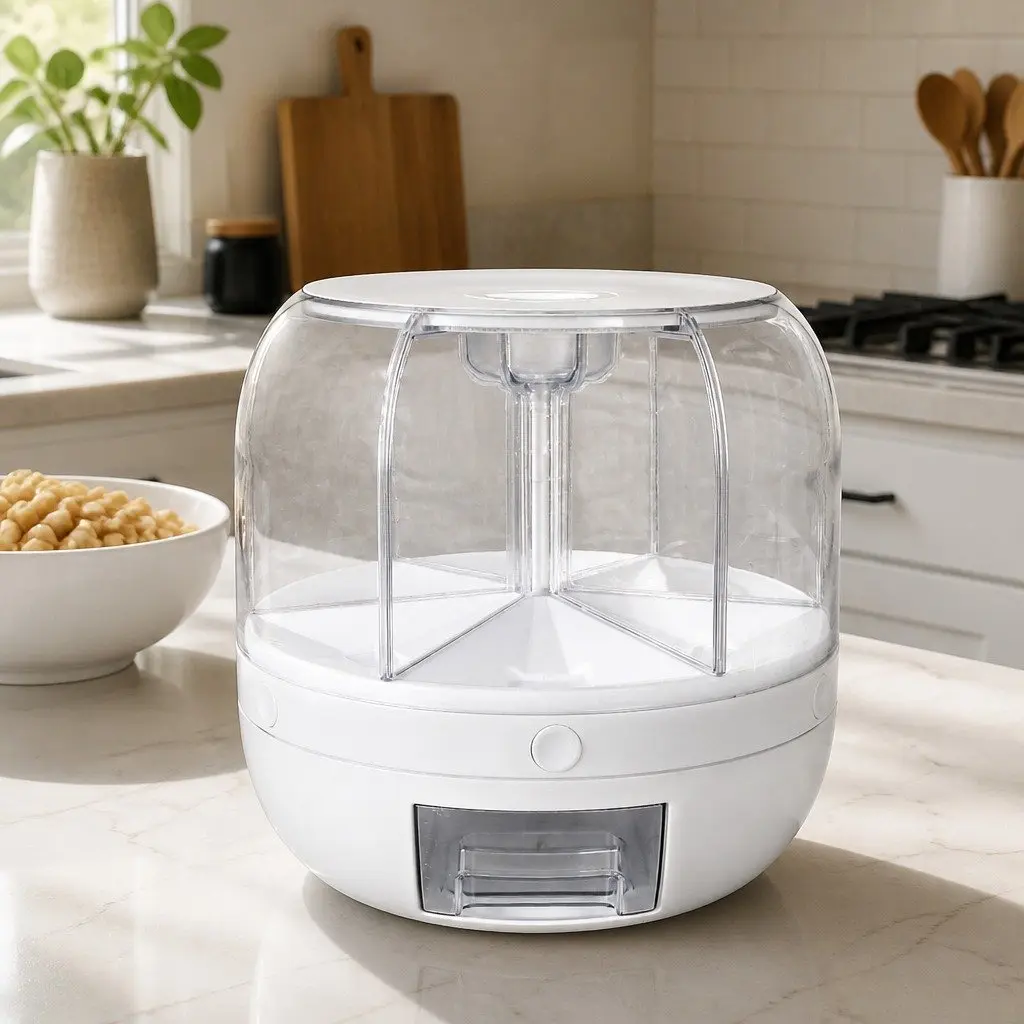 Cereal Dispenser Food Grade Plastic 10kg White Rotating Storage Container