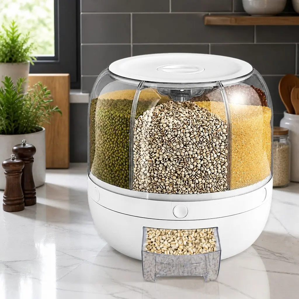 Cereal Dispenser Food Grade Plastic 10kg White Rotating Storage Container