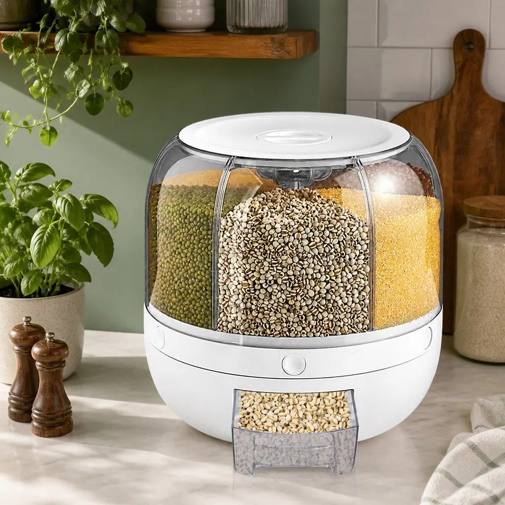 Cereal Dispenser Food Grade Plastic 10kg White Rotating Storage Container