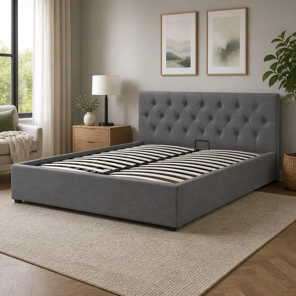 Gas Lift Bed Frame with Tufted Headboard Double Size Upholstered Modern Bedroom