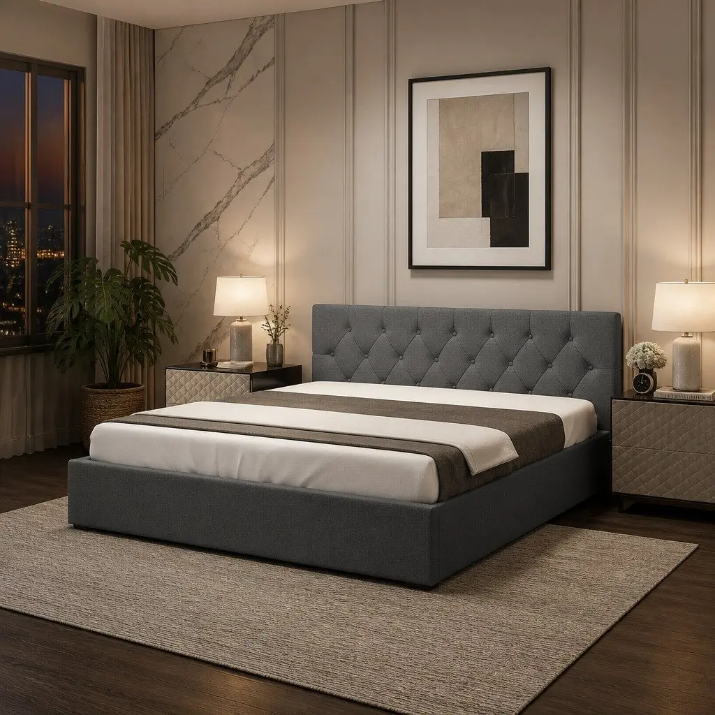 Gas Lift Bed Frame with Tufted Headboard Double Size Upholstered Modern Bedroom