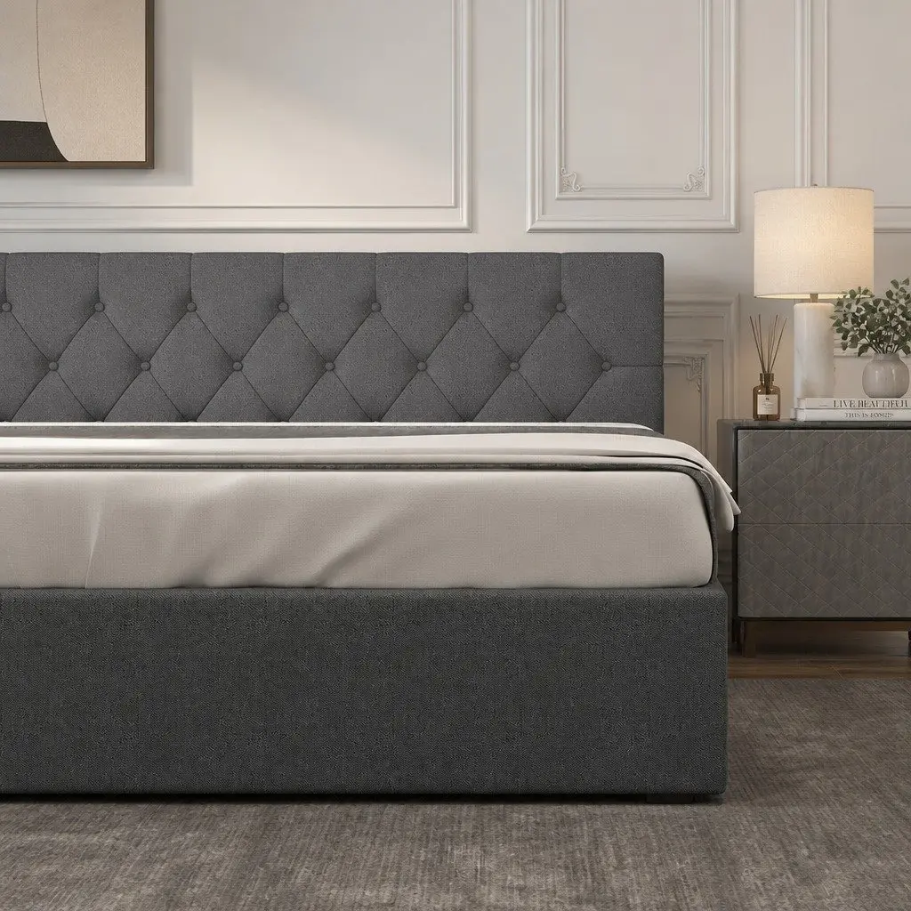 Gas Lift Bed Frame with Tufted Headboard Double Size Upholstered Modern Bedroom