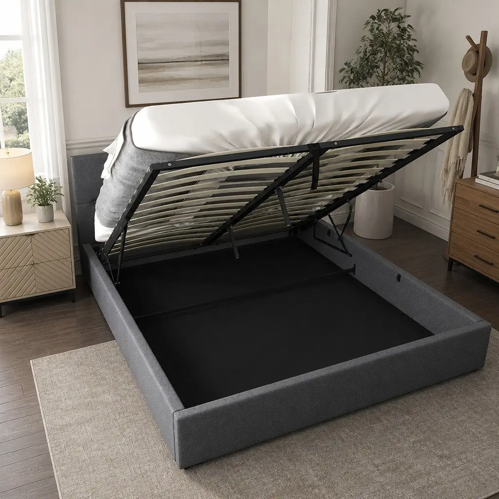Gas Lift Bed Frame with Tufted Headboard Double Size Upholstered Modern Bedroom