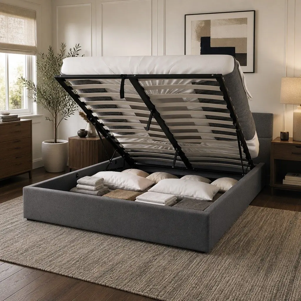 Gas Lift Bed Frame with Tufted Headboard Double Size Upholstered Modern Bedroom