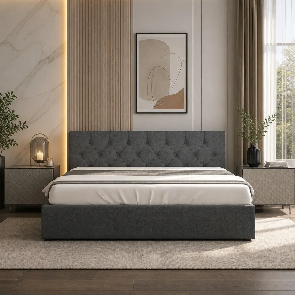 Gas Lift Bed Frame with Tufted Headboard Double Size Upholstered Modern Bedroom