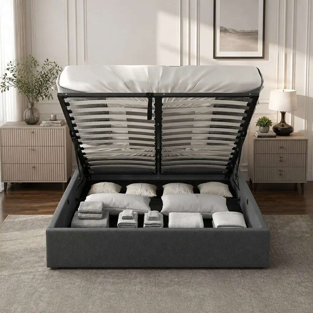 Gas Lift Bed Frame with Tufted Headboard Double Size Upholstered Modern Bedroom