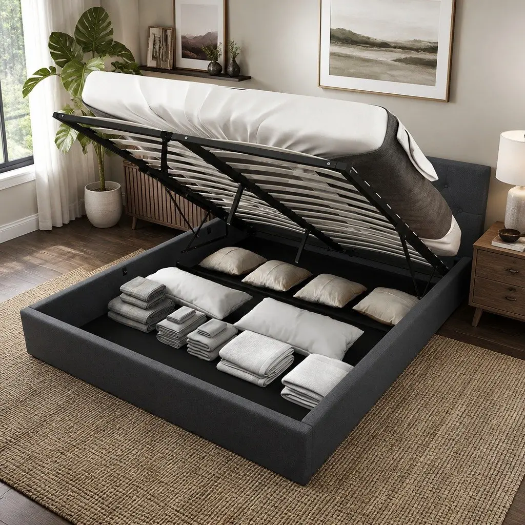 Gas Lift Bed Frame with Tufted Headboard Double Size Upholstered Modern Bedroom