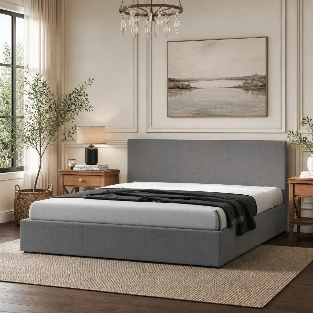 Single Bed Frame with Headboard Modern Platform Upholstered Fabric Bedroom