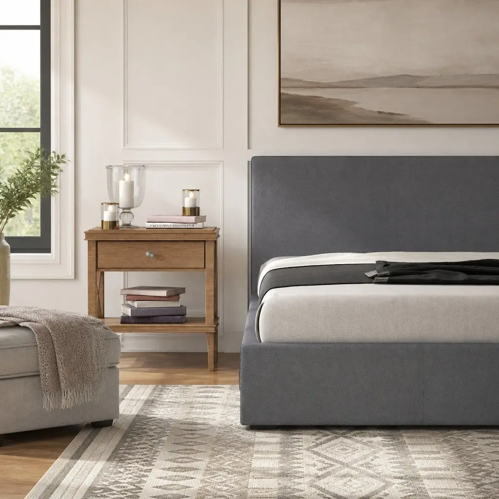 Single Bed Frame with Headboard Modern Platform Upholstered Fabric Bedroom