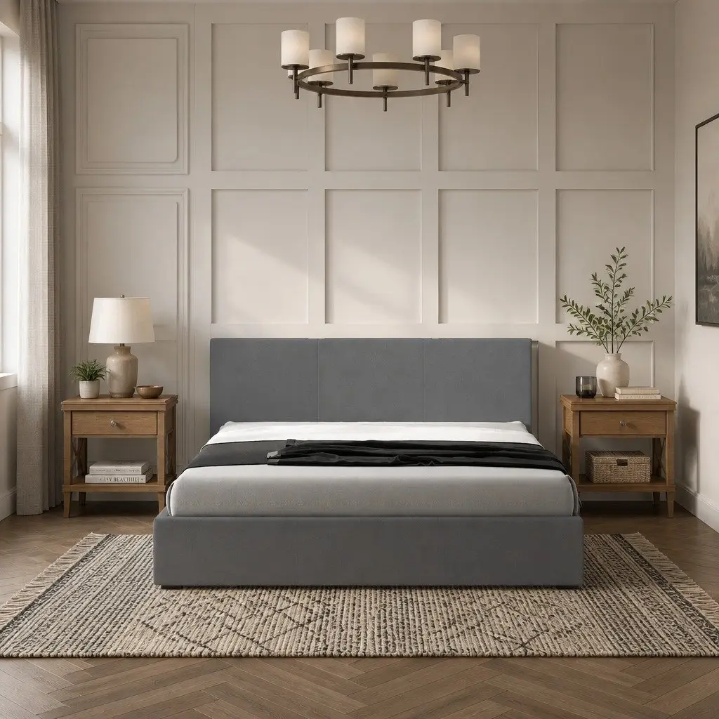 Single Bed Frame with Headboard Modern Platform Upholstered Fabric Bedroom