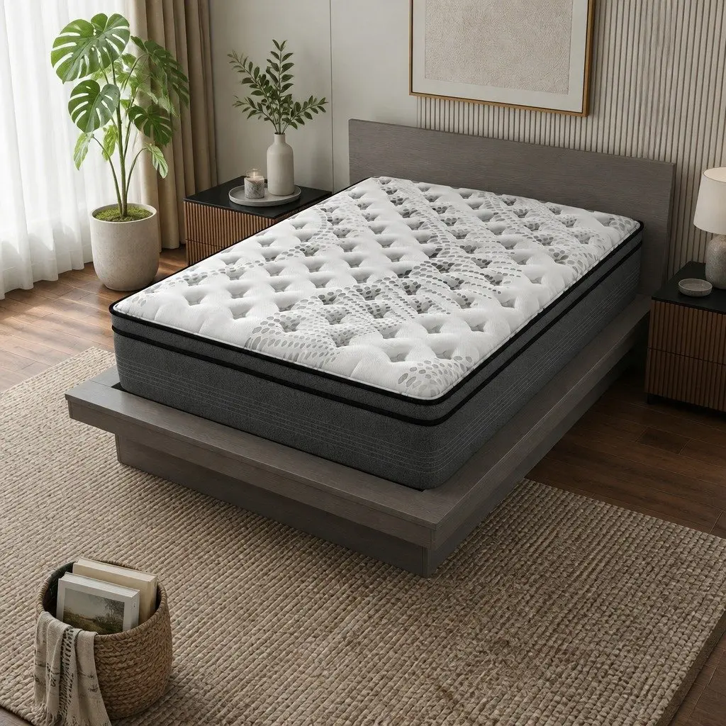 Double Mattress 5 Zone Euro Top Medium Firm Pocket Spring 137cm x 190cm White Grey with Black Trim
