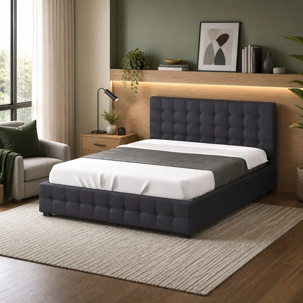 Single Gas Lift Bed Frame with Headboard Storage Upholstered Bedroom Furniture