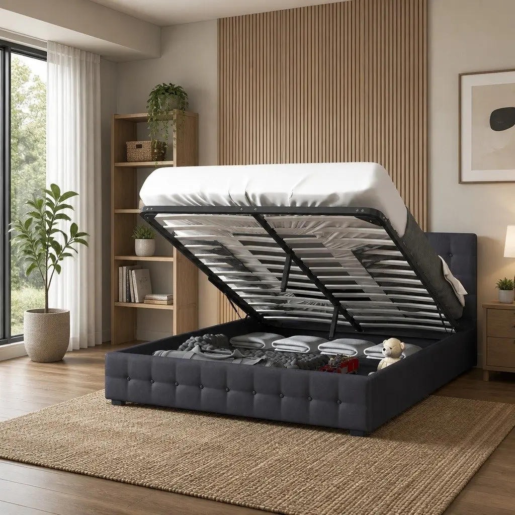 Single Gas Lift Bed Frame with Headboard Storage Upholstered Bedroom Furniture