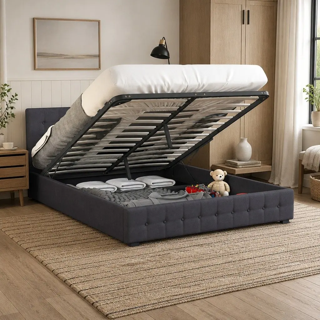 Single Gas Lift Bed Frame with Headboard Storage Upholstered Bedroom Furniture