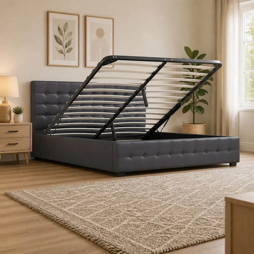 Single Gas Lift Bed Frame with Headboard Storage Upholstered Bedroom Furniture