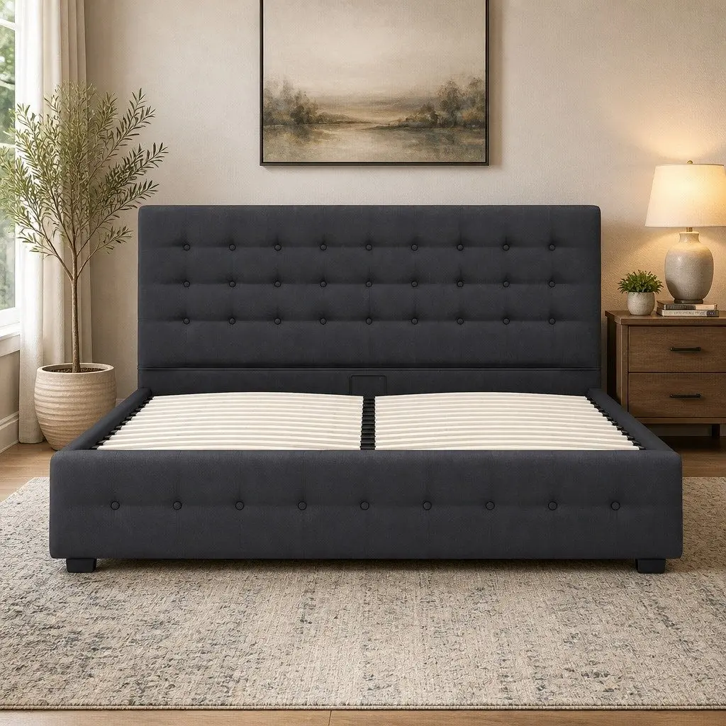 Single Gas Lift Bed Frame with Headboard Storage Upholstered Bedroom Furniture
