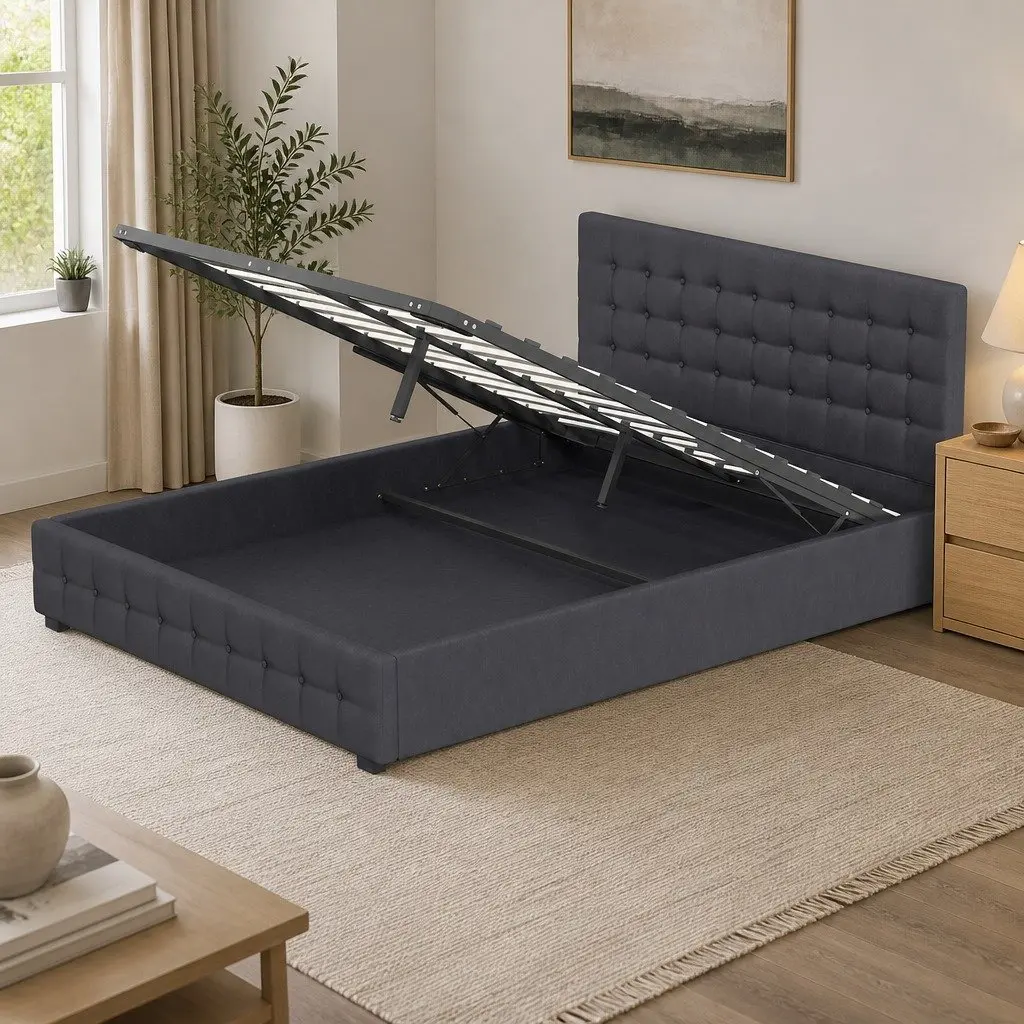 King Single Gas Lift Storage Bed Frame Linen Upholstered Dark Grey