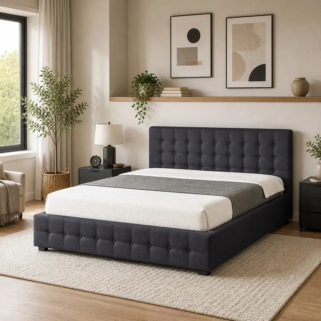King Single Gas Lift Storage Bed Frame Linen Upholstered Dark Grey