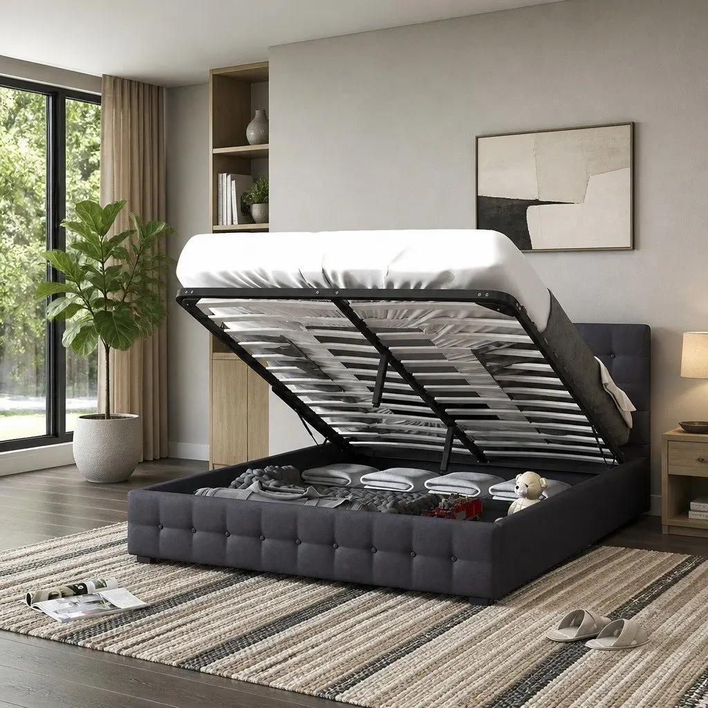 King Single Gas Lift Storage Bed Frame Linen Upholstered Dark Grey