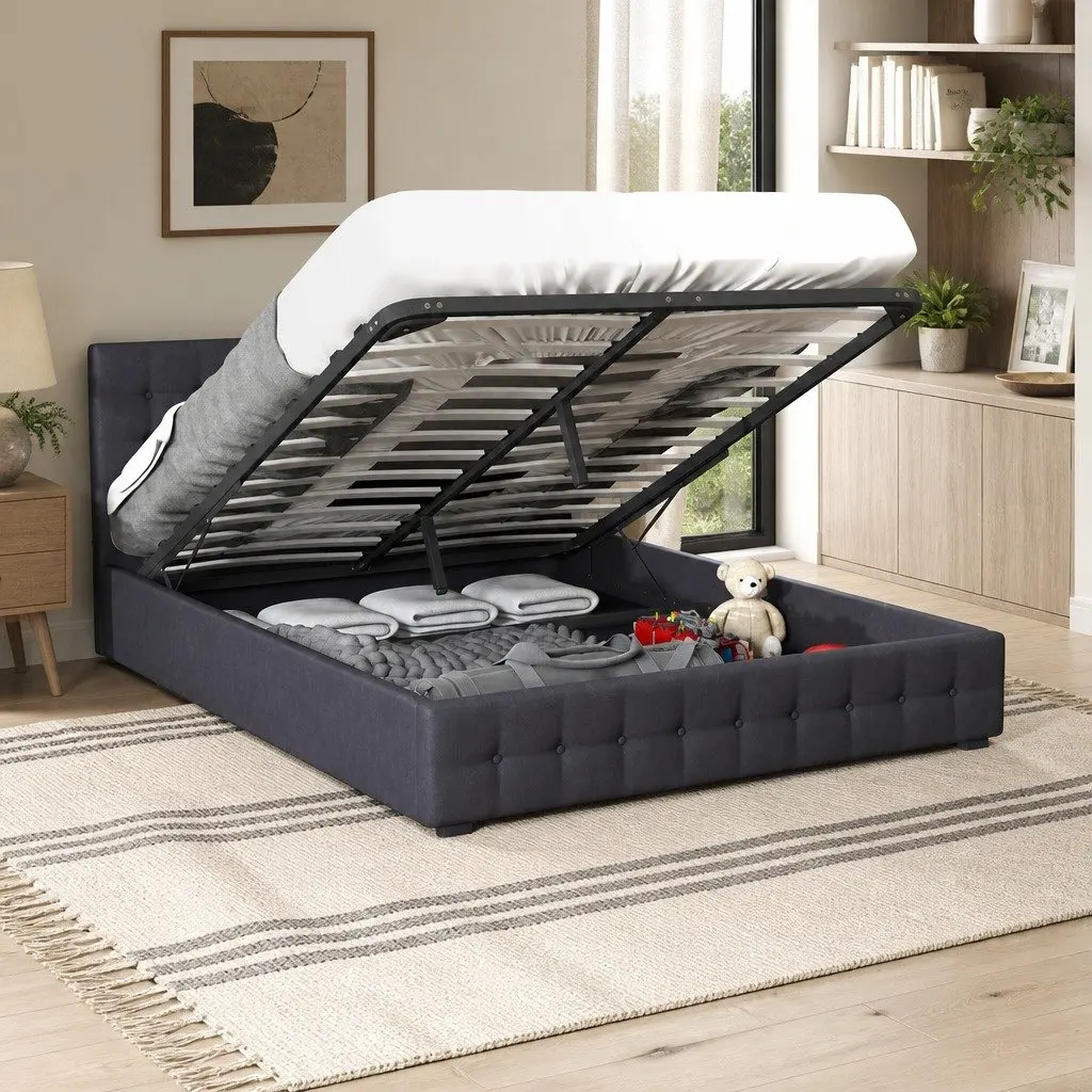 King Single Gas Lift Storage Bed Frame Linen Upholstered Dark Grey