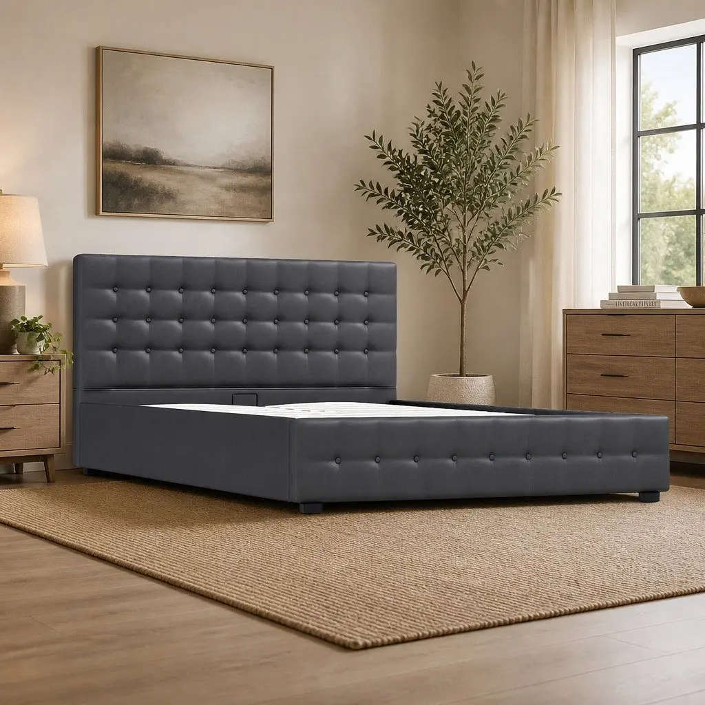 King Single Gas Lift Storage Bed Frame Linen Upholstered Dark Grey