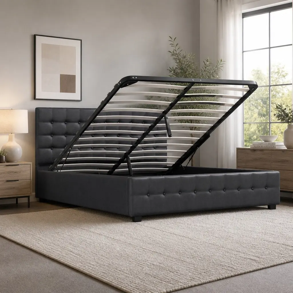 King Single Gas Lift Storage Bed Frame Linen Upholstered Dark Grey