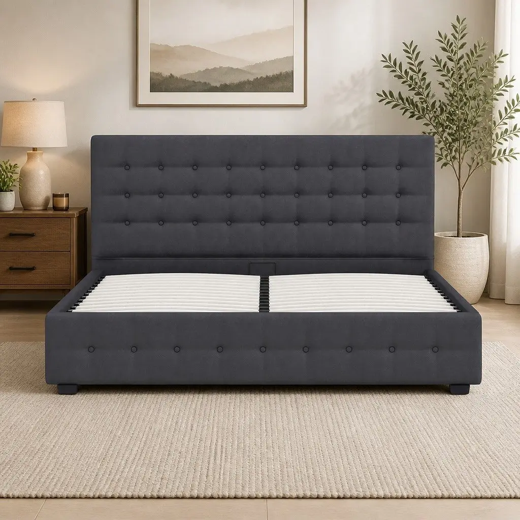 King Single Gas Lift Storage Bed Frame Linen Upholstered Dark Grey