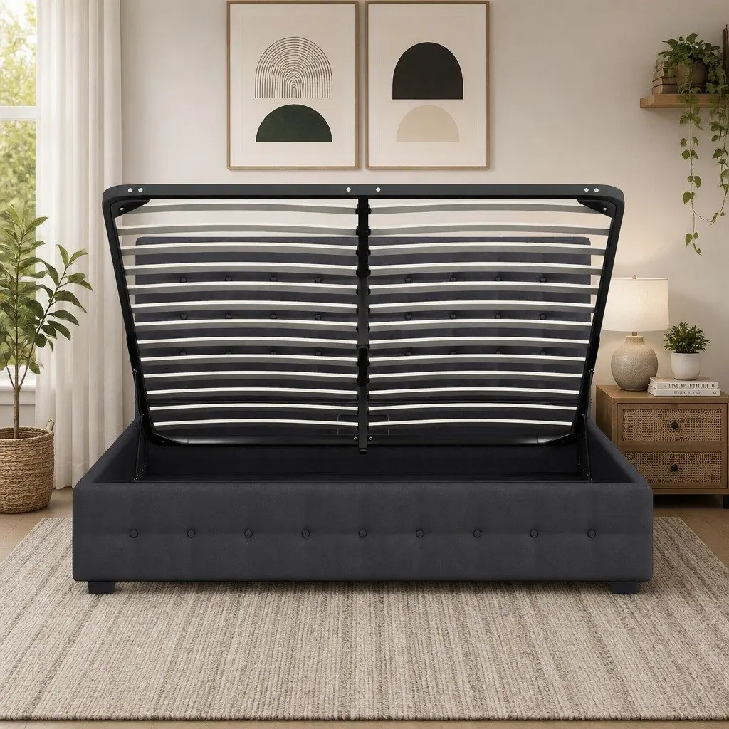 King Single Gas Lift Storage Bed Frame Linen Upholstered Dark Grey