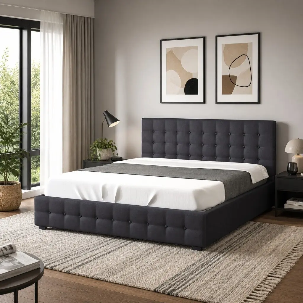 Gas Lift Storage Bed Frame Upholstered Linen Dark Grey Double with Headboard