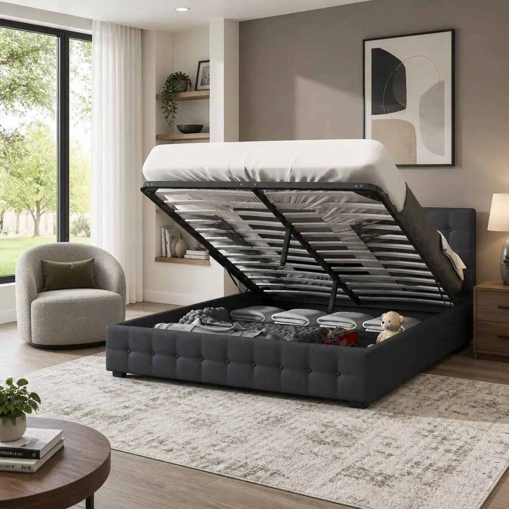 Gas Lift Storage Bed Frame Upholstered Linen Dark Grey Double with Headboard
