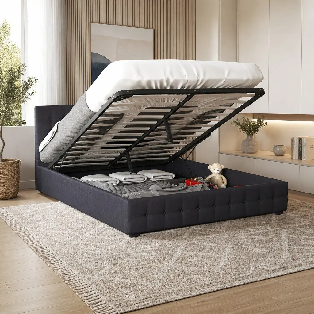 Gas Lift Storage Bed Frame Upholstered Linen Dark Grey Double with Headboard
