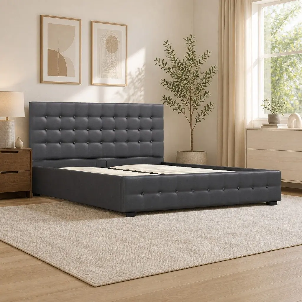Gas Lift Storage Bed Frame Upholstered Linen Dark Grey Double with Headboard