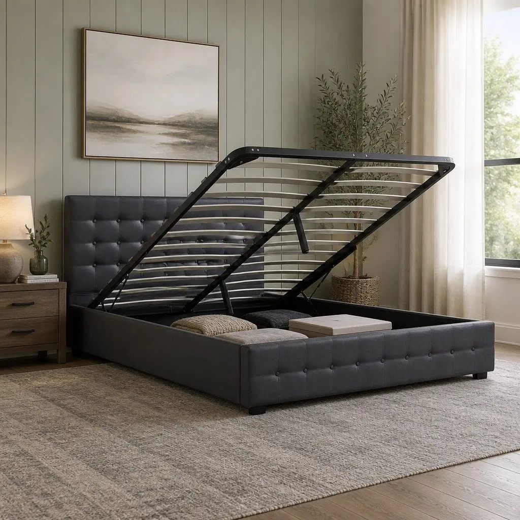Gas Lift Storage Bed Frame Upholstered Linen Dark Grey Double with Headboard