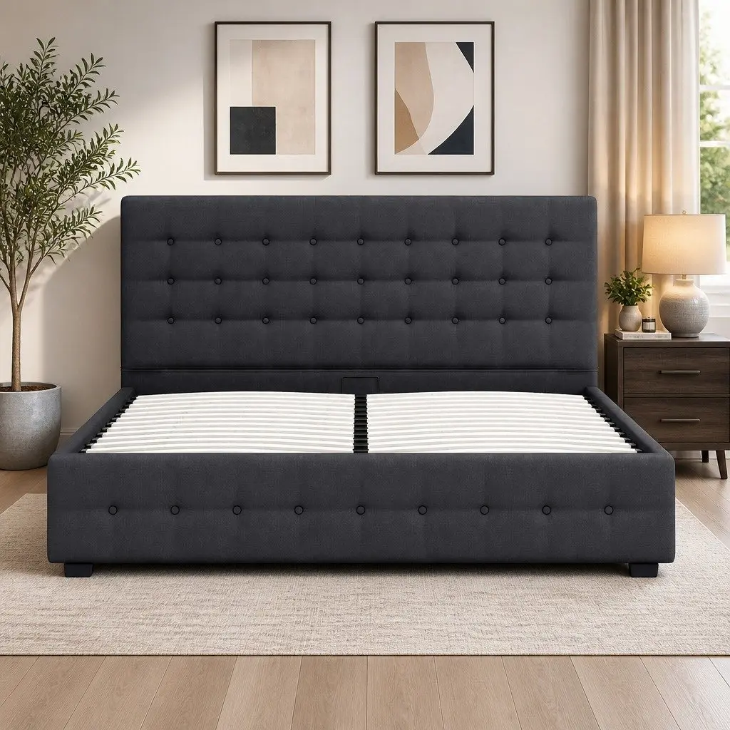 Gas Lift Storage Bed Frame Upholstered Linen Dark Grey Double with Headboard